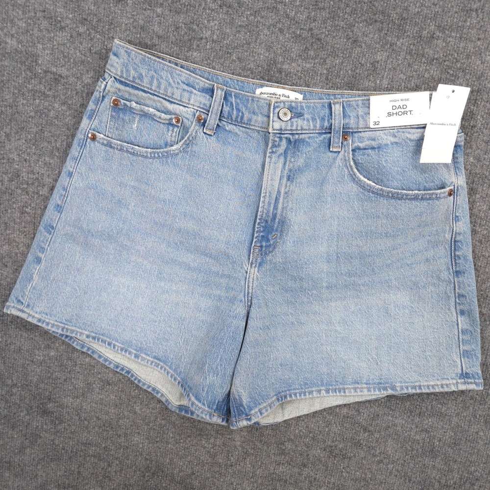 Abercrombie & Fitch Dad Shorts Womens 32 Blue High Rise Distressed Denim NEW